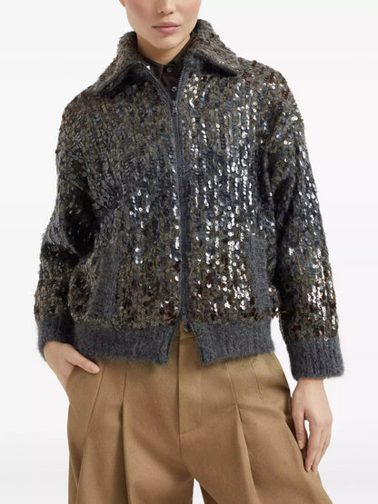 Grey Wool-Mohair Sequin Zip Cardigan Jacket - Jackets