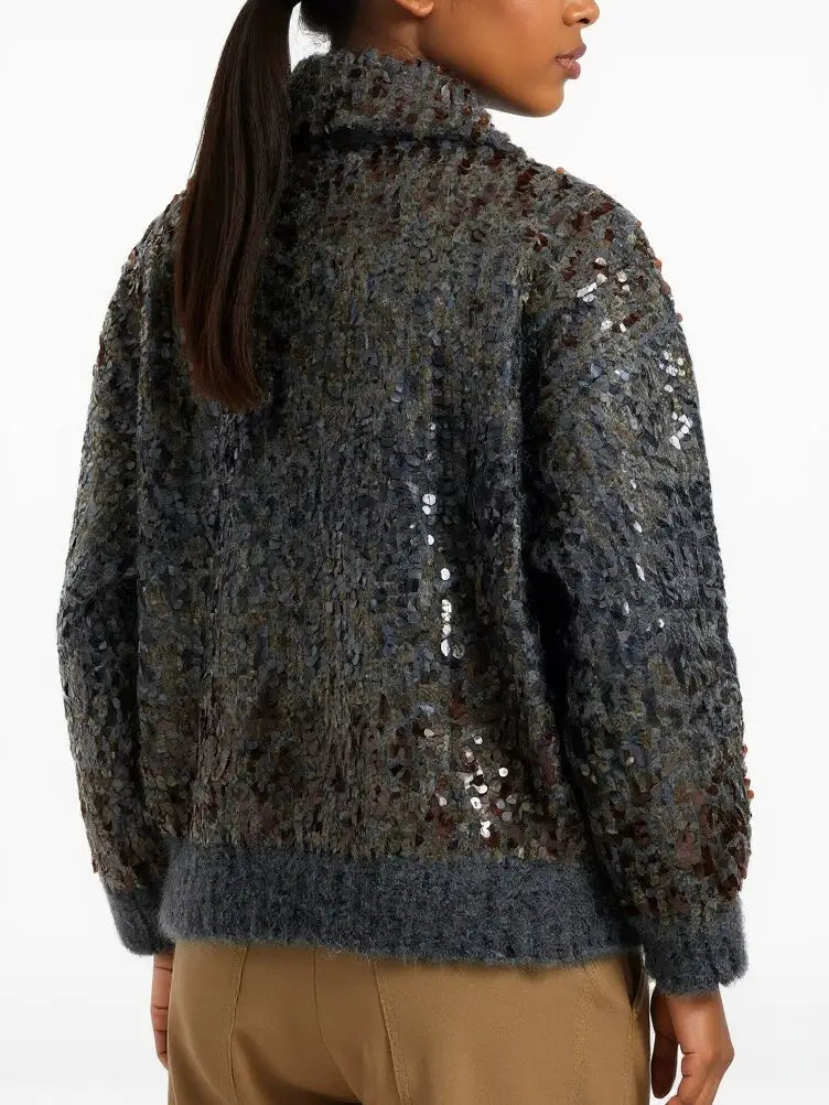 Grey Wool-Mohair Sequin Zip Cardigan Jacket - Jackets