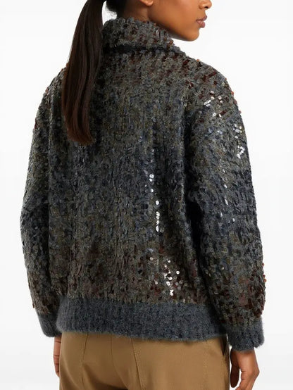 Grey Wool-Mohair Sequin Zip Cardigan Jacket - Jackets