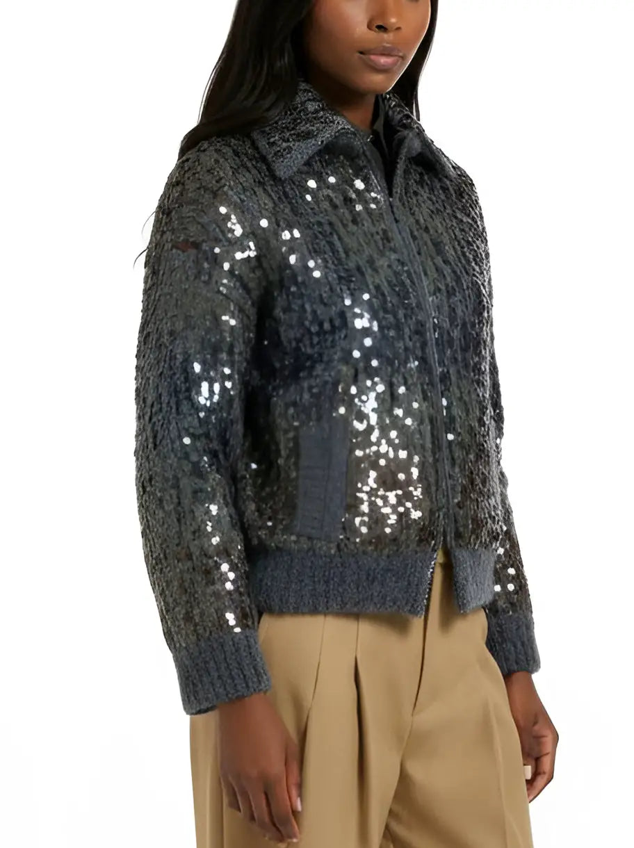 Grey Wool-Mohair Sequin Zip Cardigan Jacket - Jackets