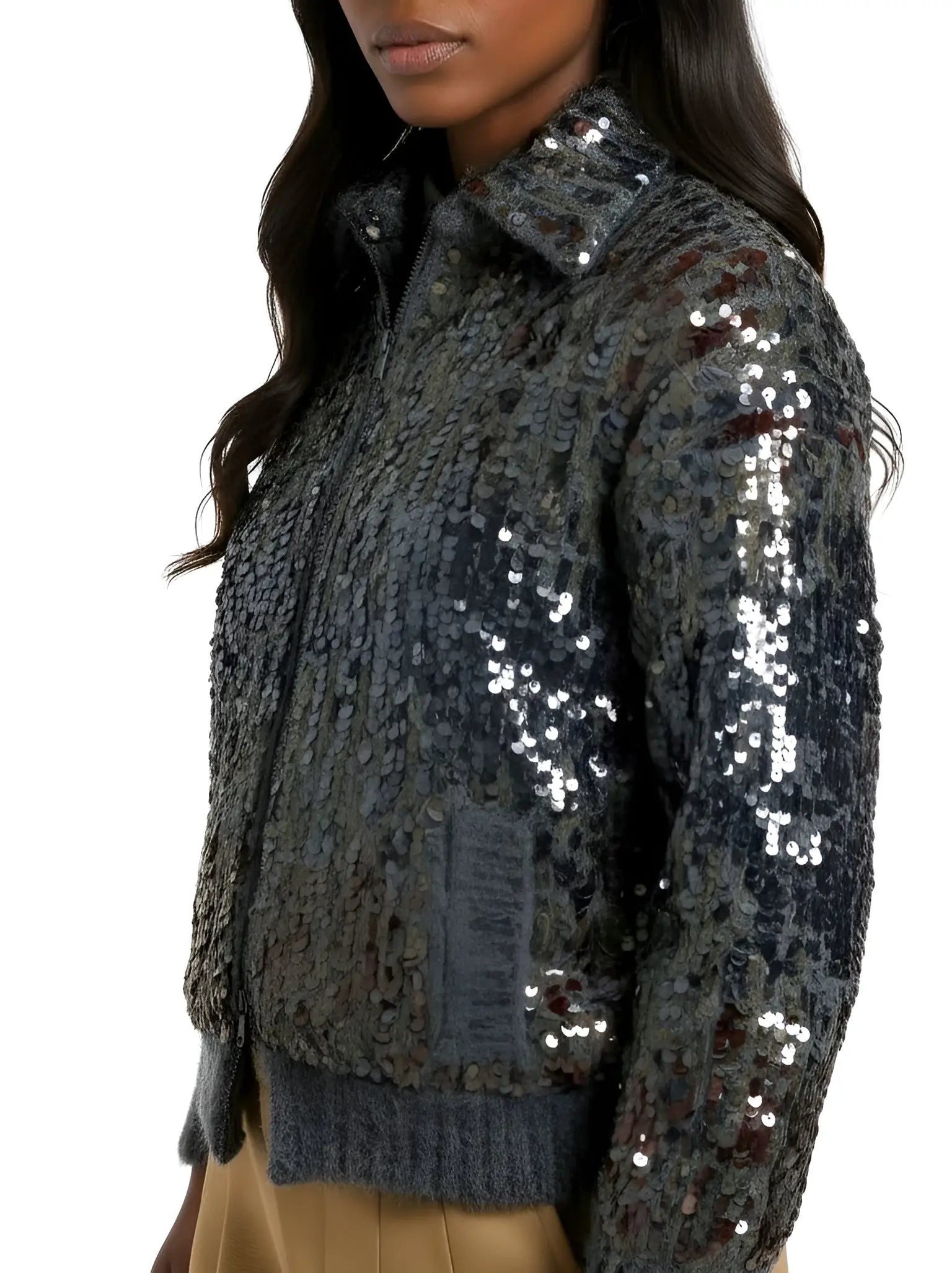 Grey Wool-Mohair Sequin Zip Cardigan Jacket - Jackets