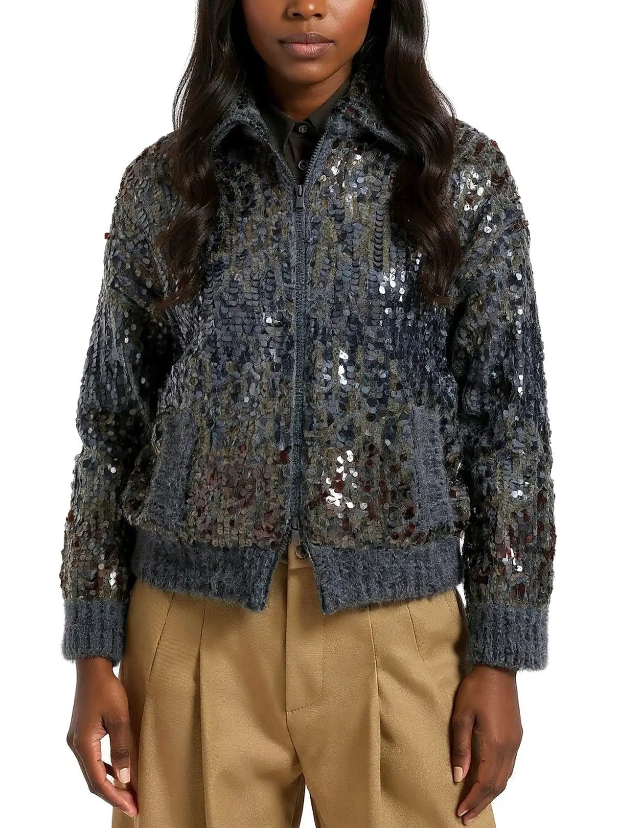 Grey Wool-Mohair Sequin Zip Cardigan Jacket - Jackets