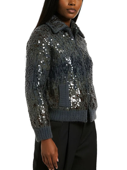 Grey Wool-Mohair Sequin Zip Cardigan Jacket - Jackets