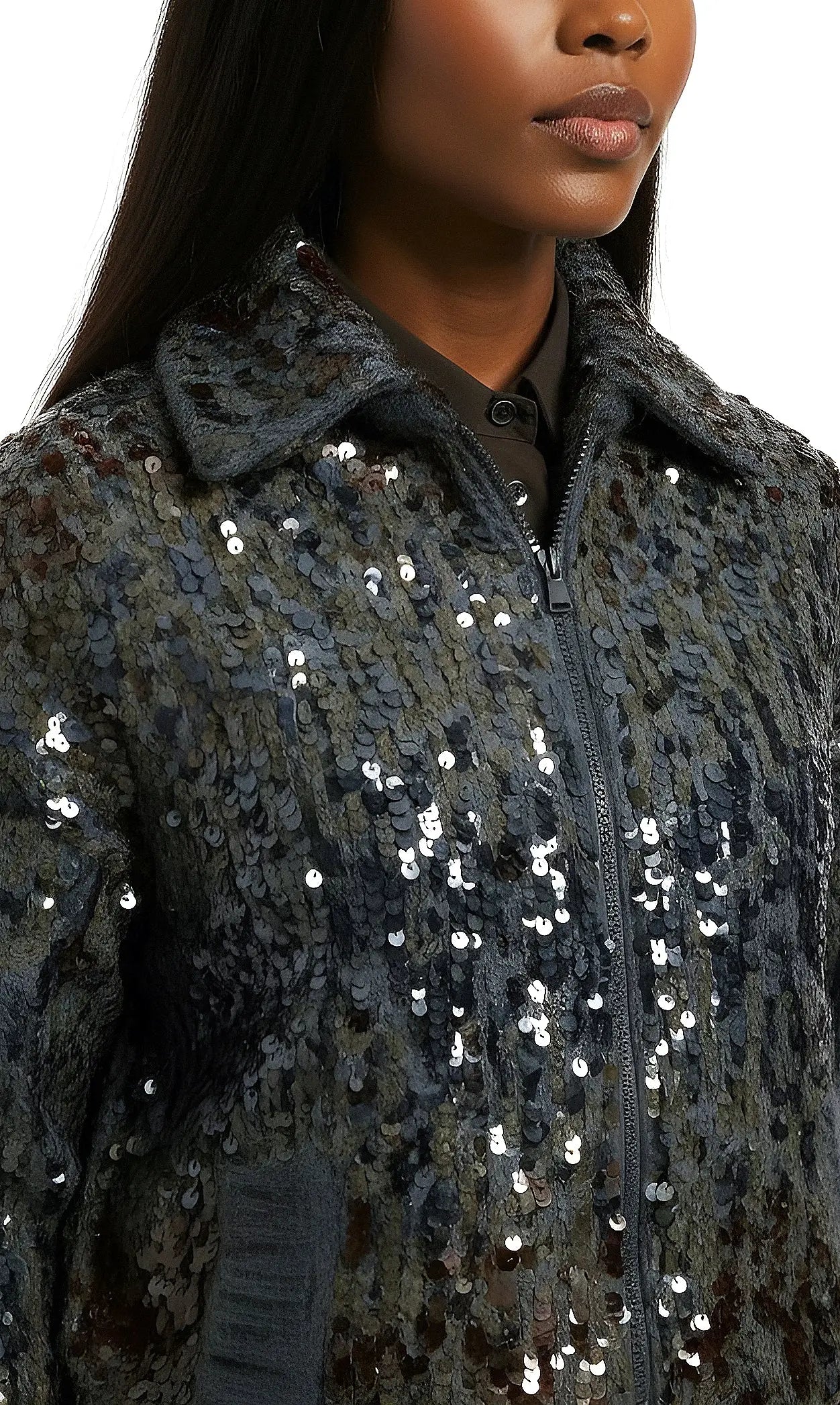 Grey Wool-Mohair Sequin Zip Cardigan Jacket - Jackets