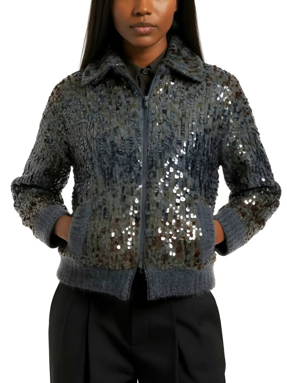 Grey Wool-Mohair Sequin Zip Cardigan Jacket - Jackets