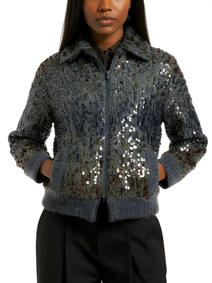 Grey Wool-Mohair Sequin Zip Cardigan Jacket - Jackets