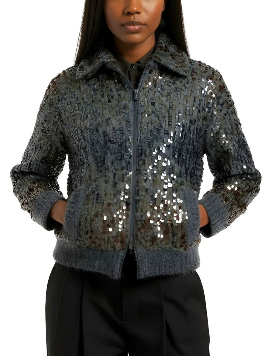 Grey Wool-Mohair Sequin Zip Cardigan Jacket - Jackets