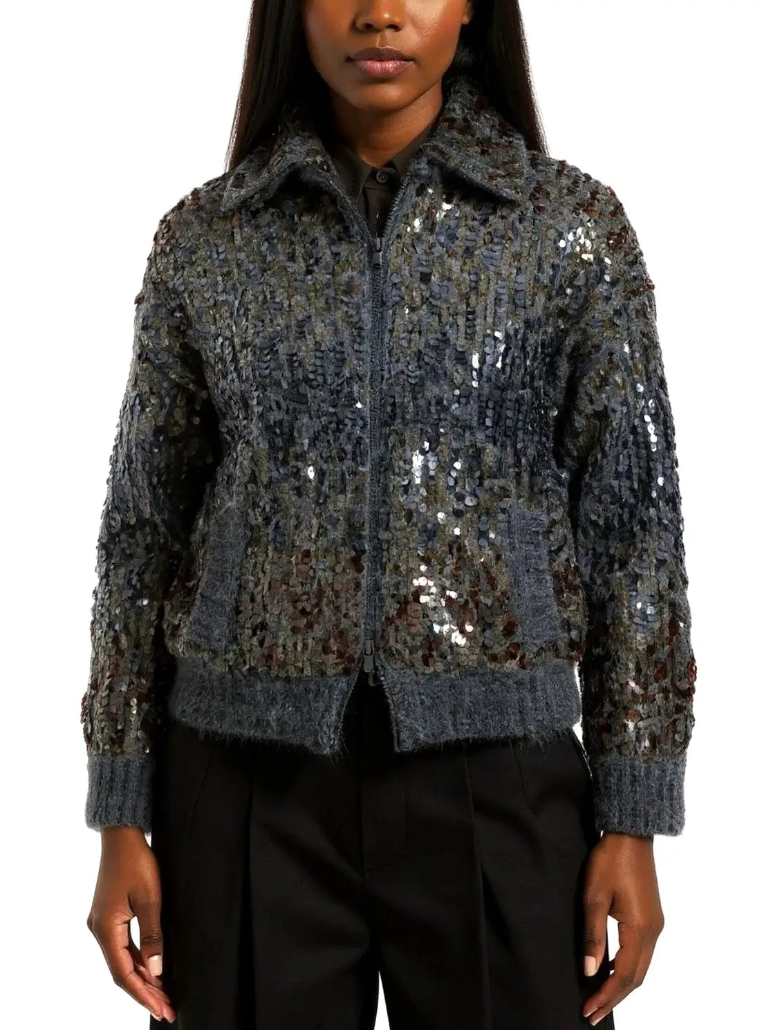Grey Wool-Mohair Sequin Zip Cardigan Jacket - Small - Jackets