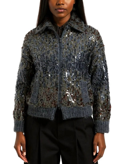 Grey Wool-Mohair Sequin Zip Cardigan Jacket - Small - Jackets