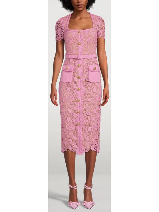 Guipure Lace Midi Dress, Pink - Branna Couture