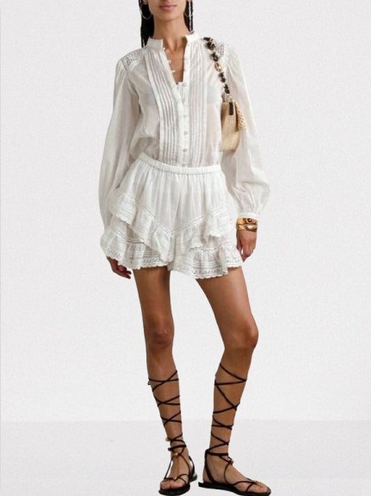 Guipure Lace-Trim Blouse and Ruffled Short Set - Small - Suits & Sets
