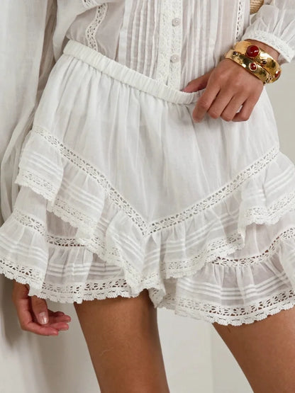 Guipure Lace-Trim Blouse and Ruffled Short Set - Suits & Sets