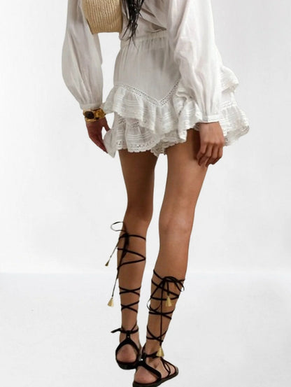 Guipure Lace-Trim Blouse and Ruffled Short Set - Suits & Sets