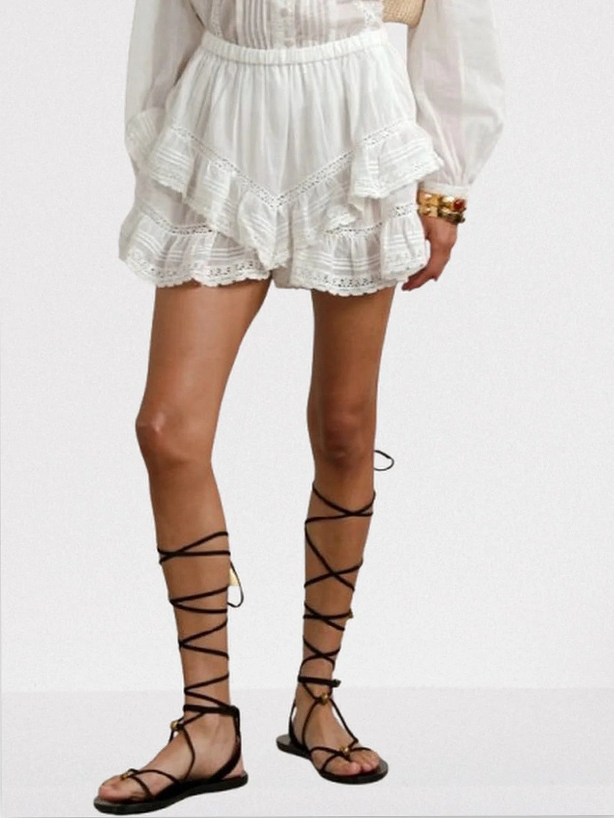 Guipure Lace-Trim Blouse and Ruffled Short Set - Suits & Sets