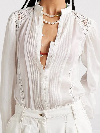 Guipure Lace-Trim Blouse and Ruffled Short Set - Suits & Sets