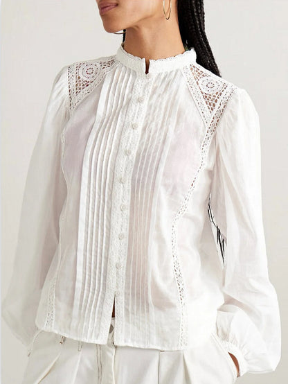 Guipure Lace-Trim Blouse and Ruffled Short Set - Suits & Sets