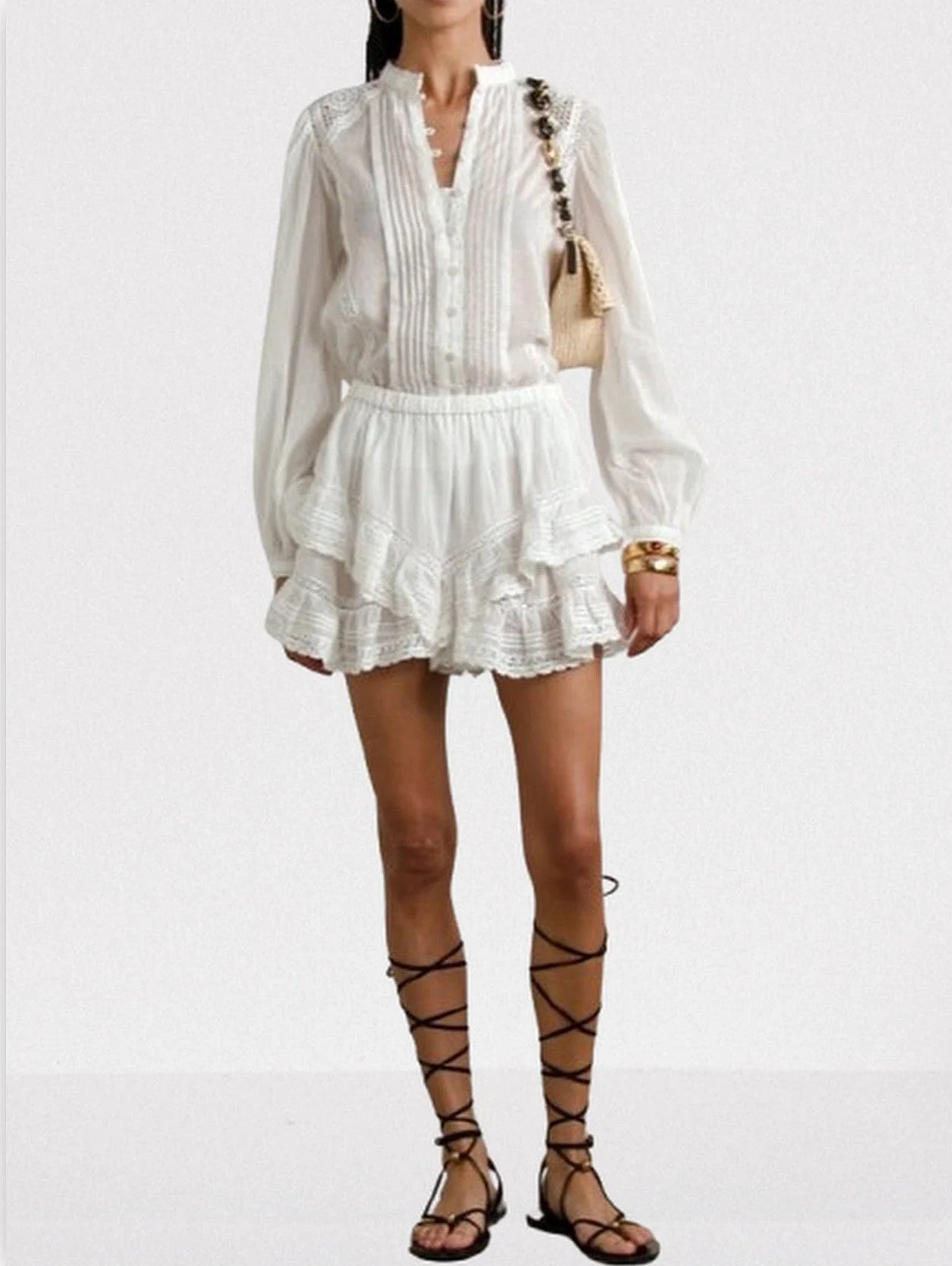 Guipure Lace-Trim Blouse and Ruffled Short Set - Suits & Sets