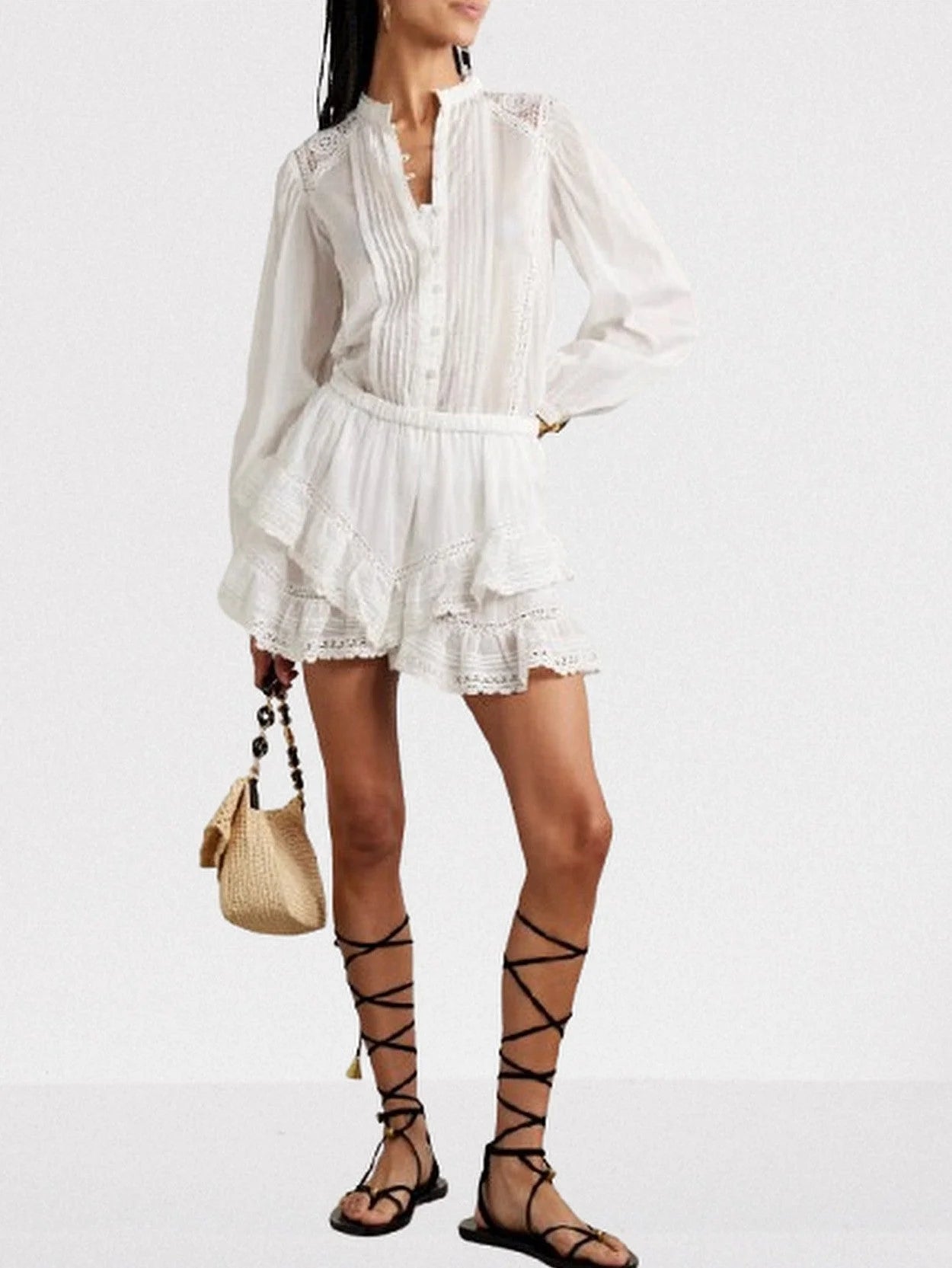 Guipure Lace-Trim Blouse and Ruffled Short Set - Suits & Sets