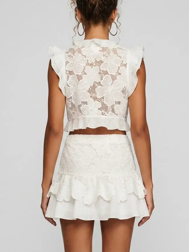 Guipure Lace Ruffle Top and Mini Skirt Set - Suits & Sets