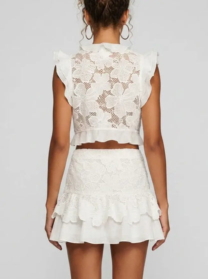 Guipure Lace Ruffle Top and Mini Skirt Set - Suits & Sets