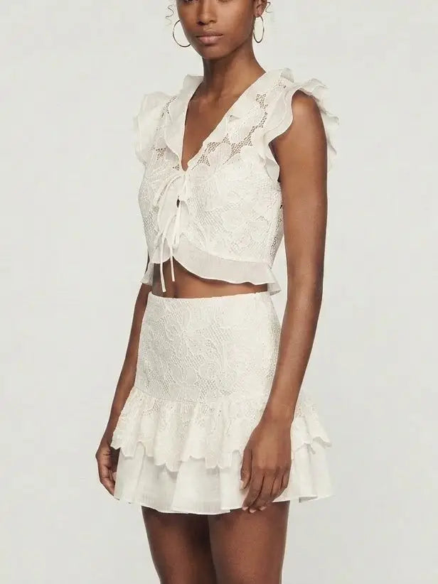Guipure Lace Ruffle Top and Mini Skirt Set - Suits & Sets