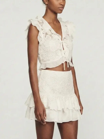 Guipure Lace Ruffle Top and Mini Skirt Set - Suits & Sets