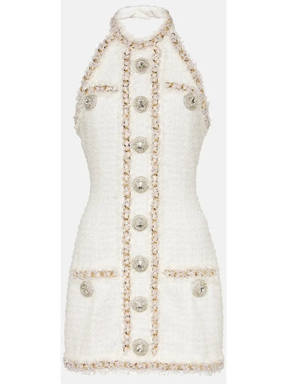 Halter-Neck Embellished Tweed Mini Dress - Branna Couture