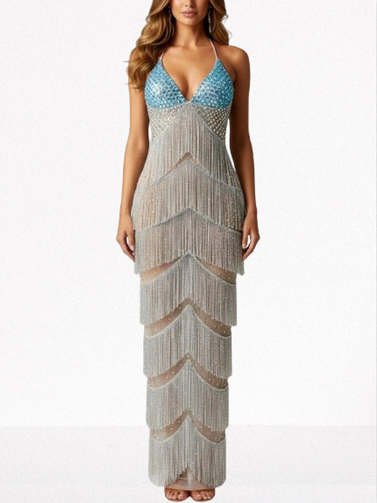 Halter Beaded Fringe Maxi Dress - S - Dresses