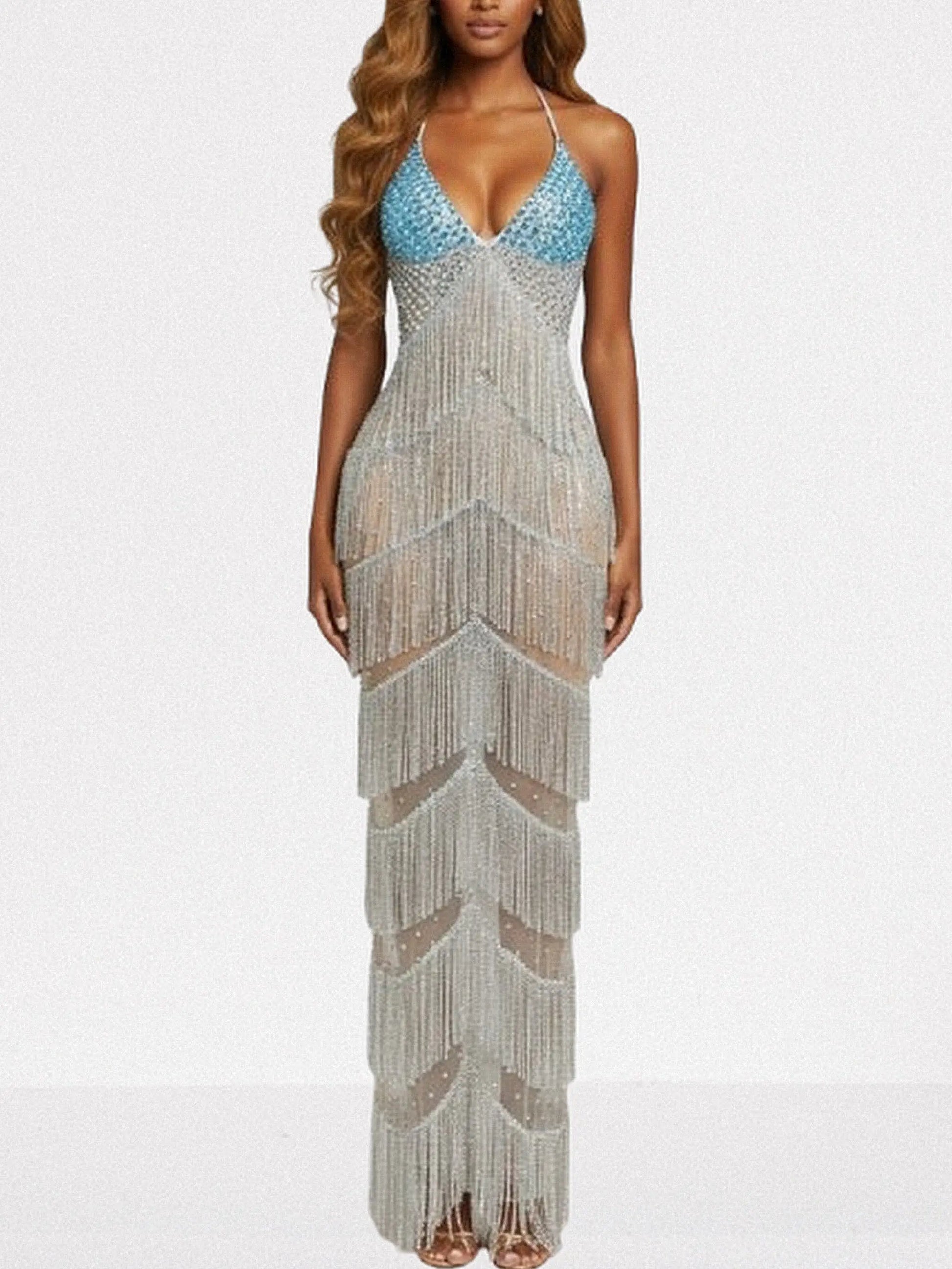 Halter Beaded Fringe Maxi Dress - Dresses