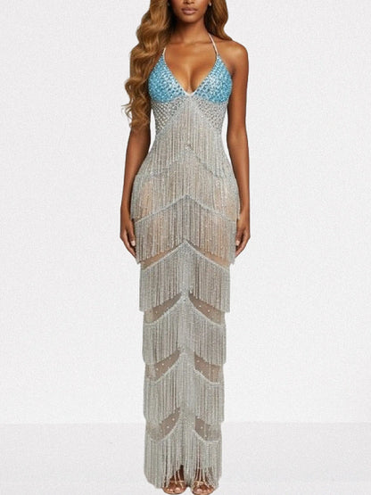Halter Beaded Fringe Maxi Dress - Dresses
