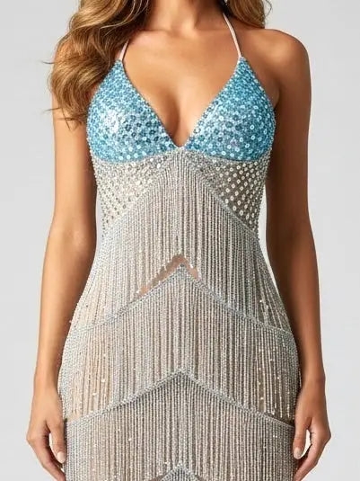 Halter Beaded Fringe Maxi Dress - Dresses