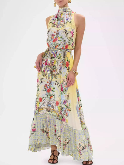 Halter Necktie Garden Print Silk Dress
