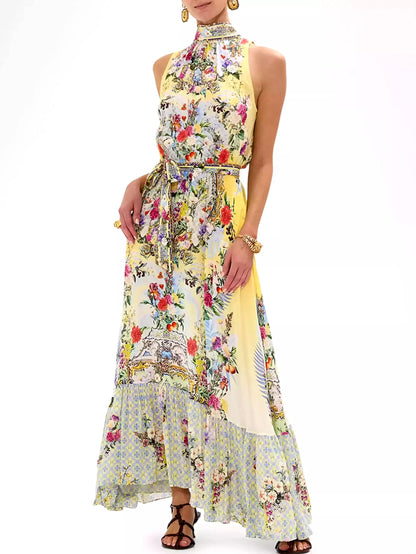 Halter Necktie Garden Print Silk Dress