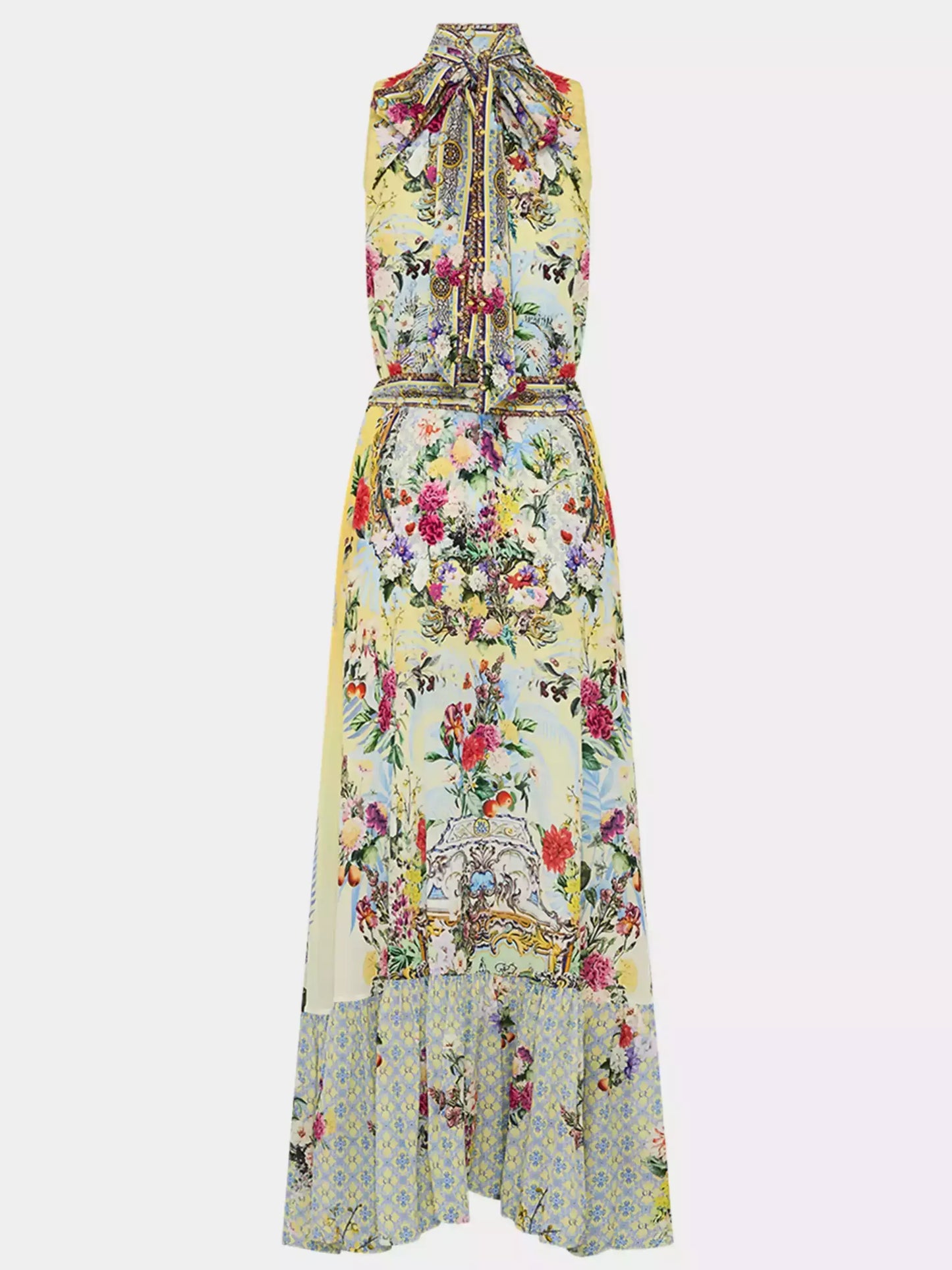 Halter Necktie Garden Print Silk Dress