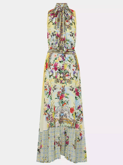 Halter Necktie Garden Print Silk Dress