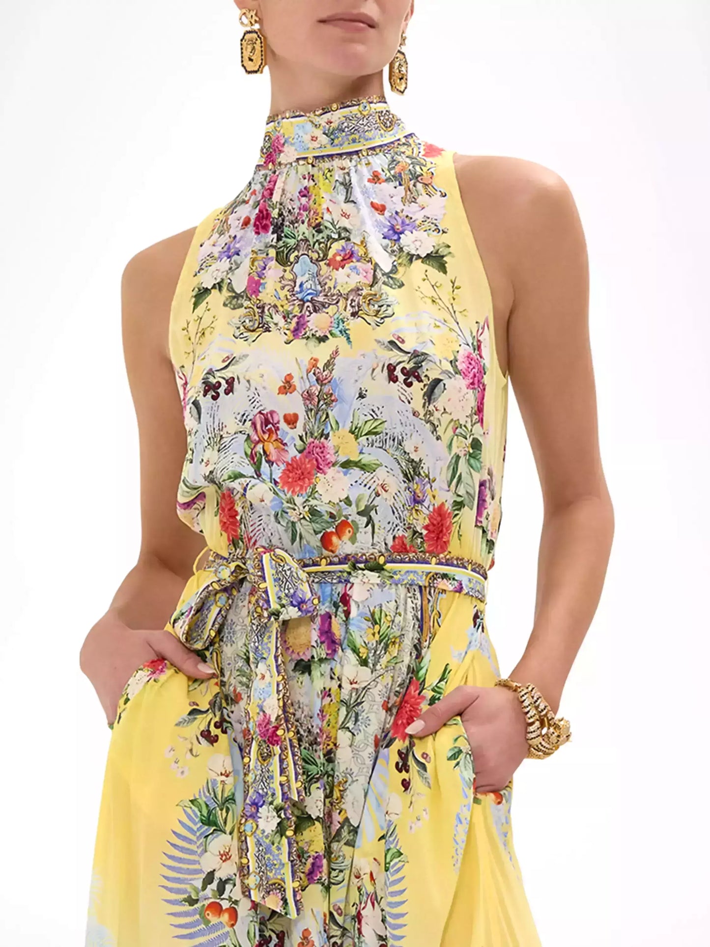 Halter Necktie Garden Print Silk Dress