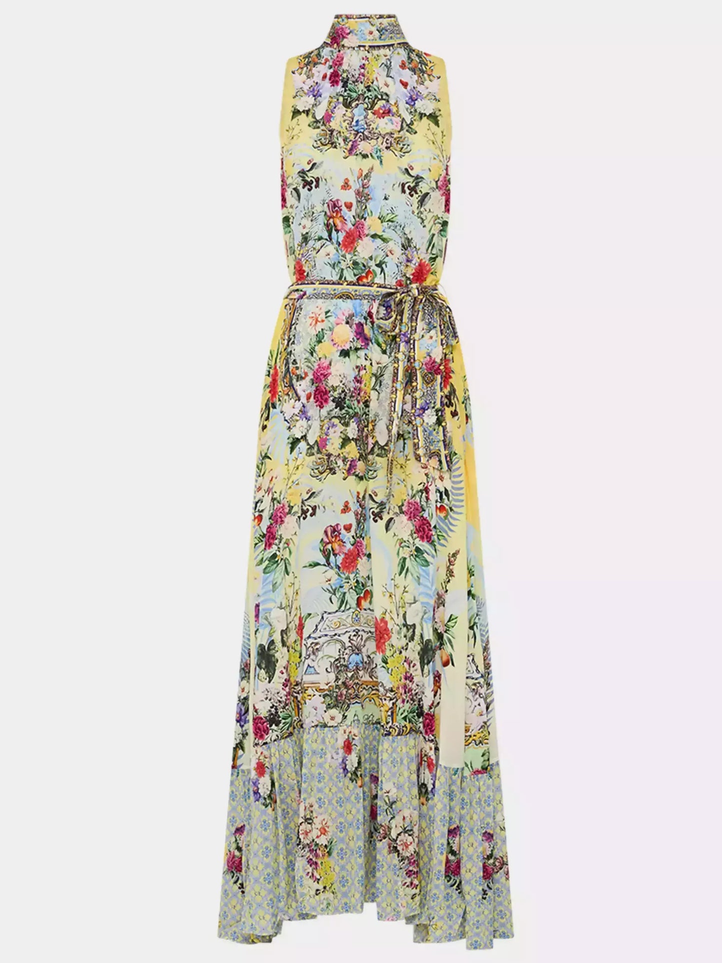 Halter Necktie Garden Print Silk Dress