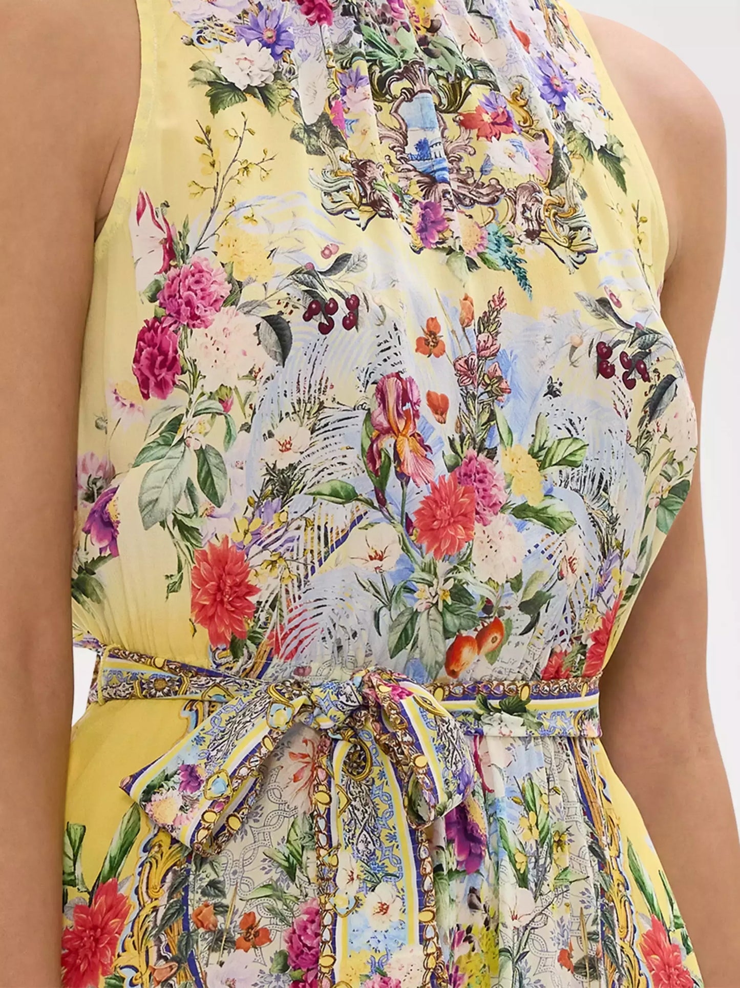 Halter Necktie Garden Print Silk Dress