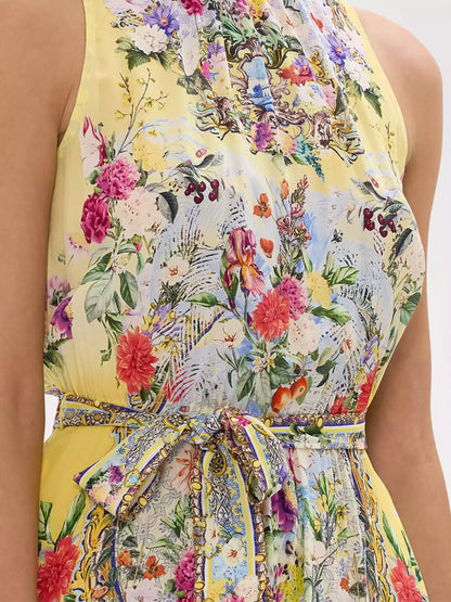 Halter Necktie Garden Print Silk Dress