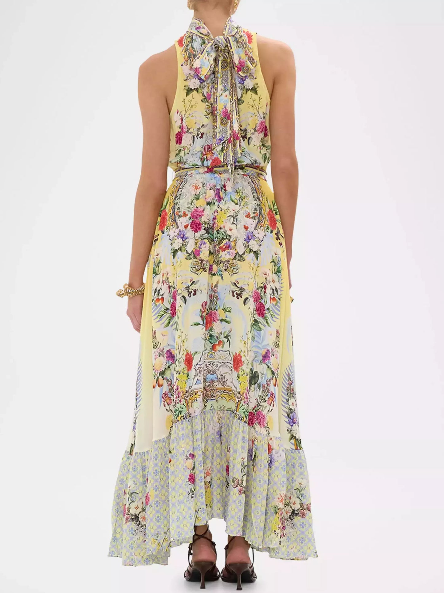 Halter Necktie Garden Print Silk Dress