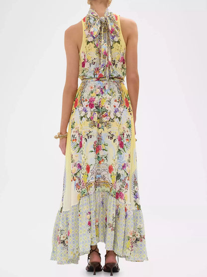 Halter Necktie Garden Print Silk Dress