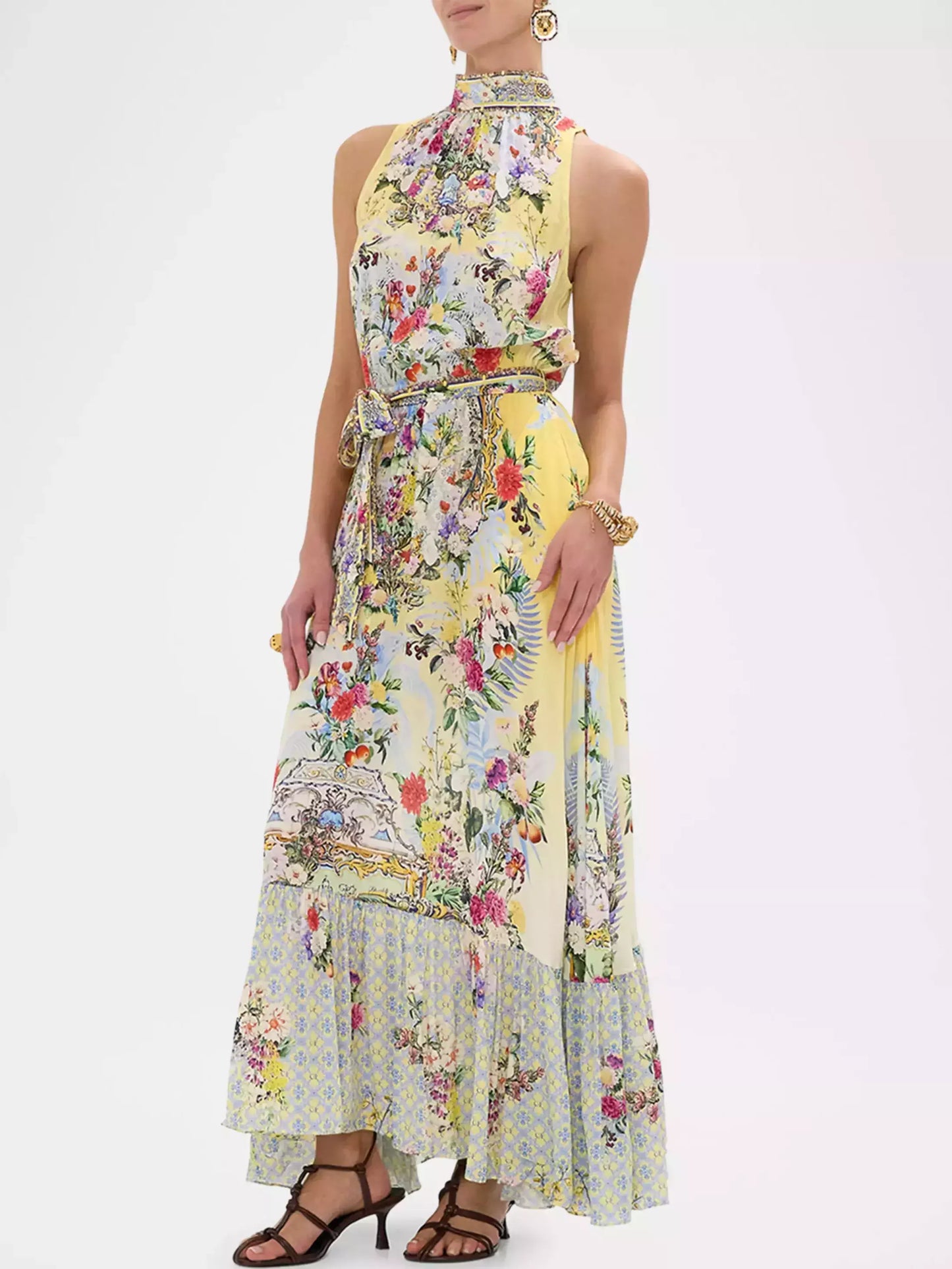 Halter Necktie Garden Print Silk Dress