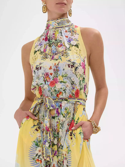 Halter Necktie Garden Print Silk Dress