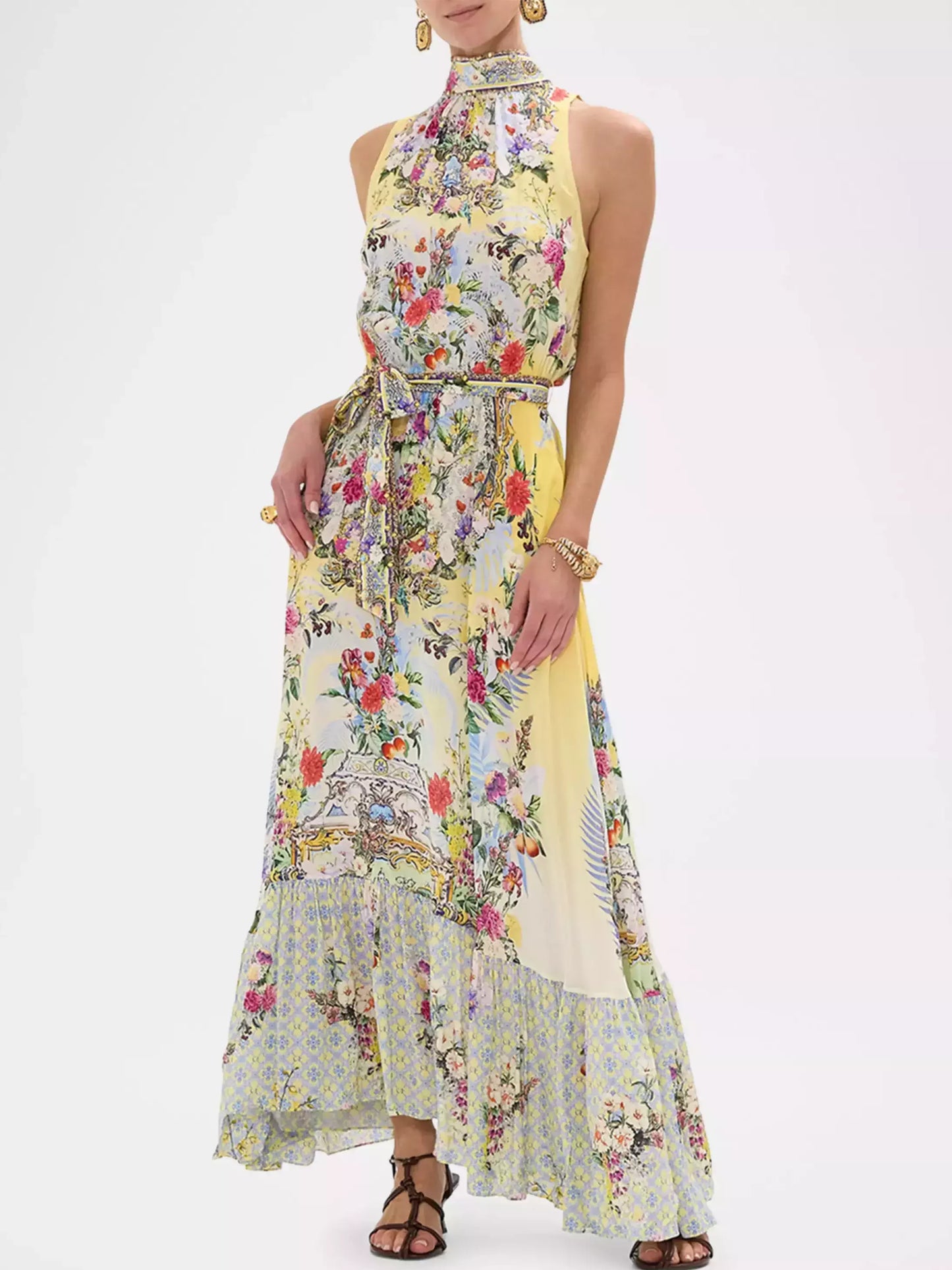 Halter Necktie Garden Print Silk Dress
