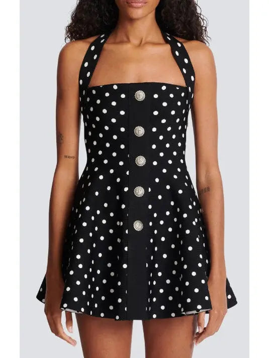 Halterneck Dress in a Polka-Dot Jacquard Knit - Branna Couture