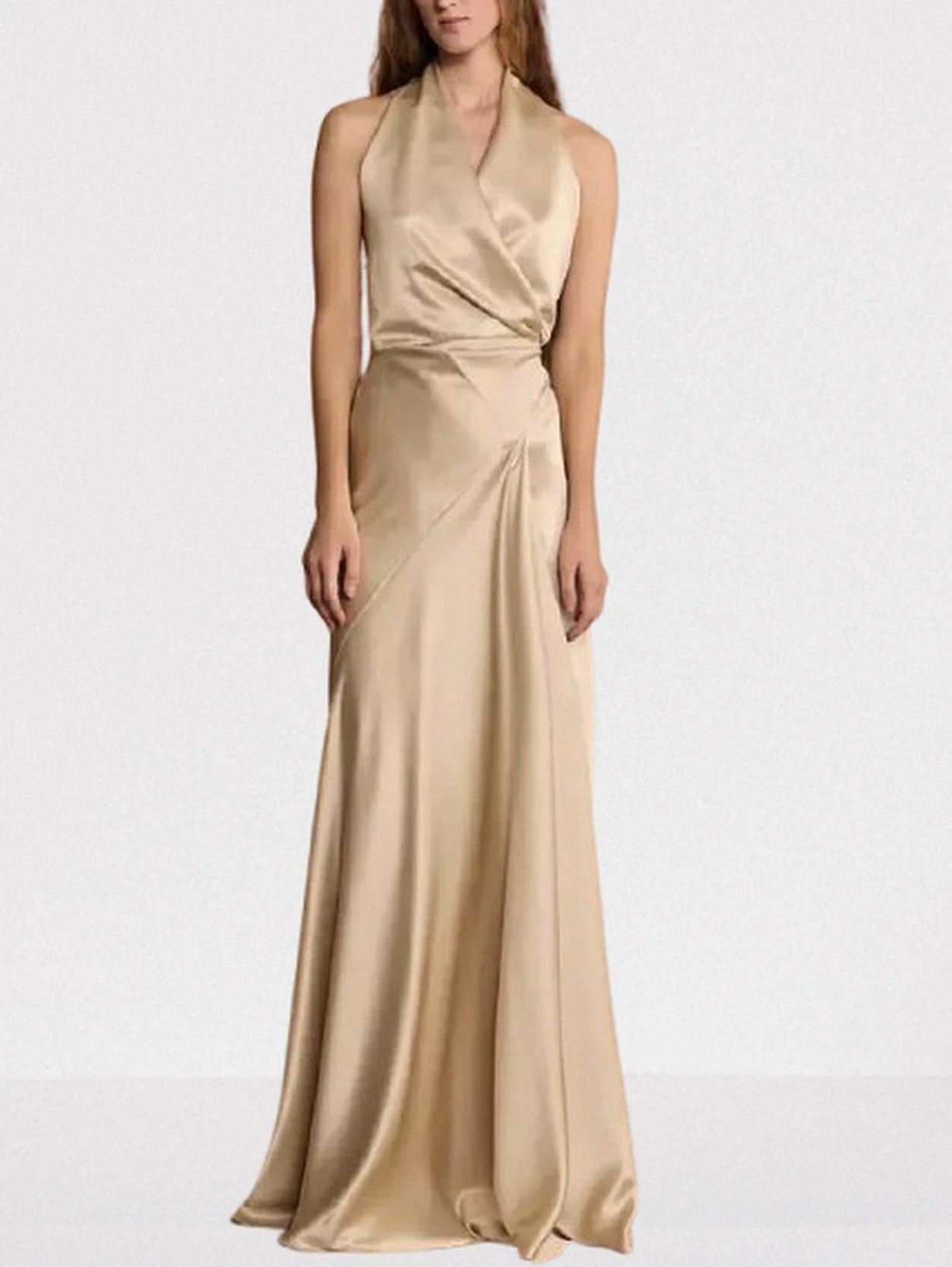 Halterneck Long Satin Champagne Gown - Small - Dresses
