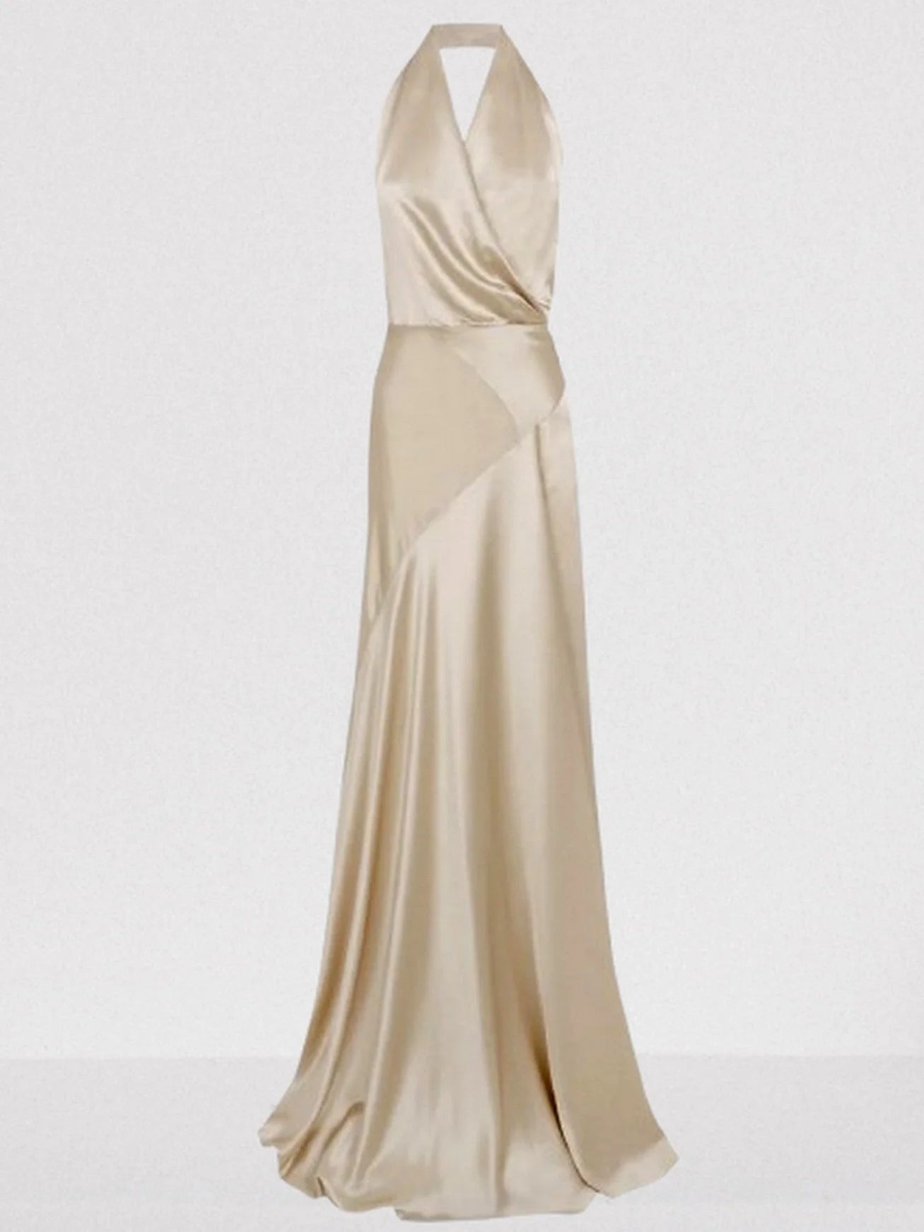 Halterneck Long Satin Champagne Gown - Dresses