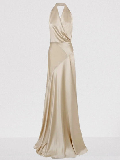 Halterneck Long Satin Champagne Gown - Dresses