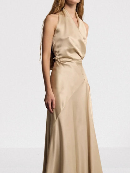 Halterneck Long Satin Champagne Gown - Dresses