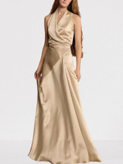 Halterneck Long Satin Champagne Gown - Dresses